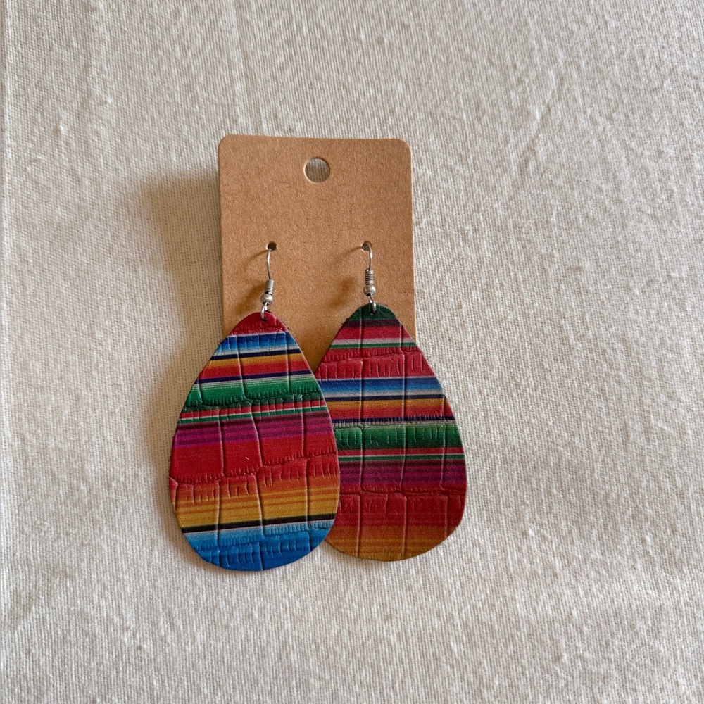 vibrant teardrop dangle earrings colorful, multi-striped serape print